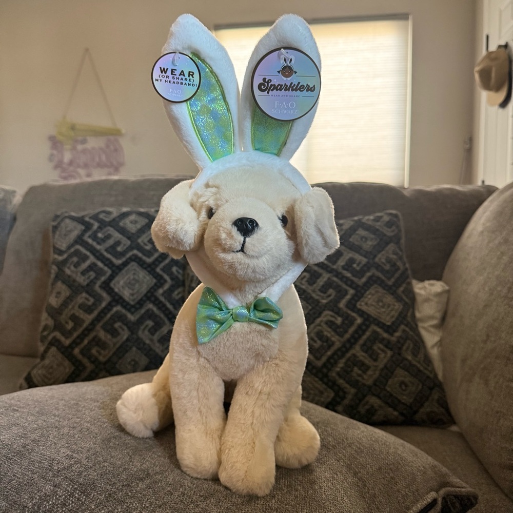FAO Schwarz Cream Plush Dog with Green Bow and Bunny Ears
